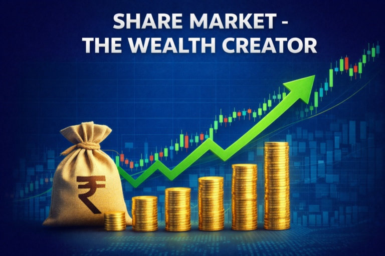 share market wealth creator concept showing rising stock chart, rupee symbol and growing investment coins