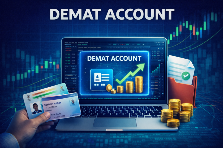 demat account concept showing online stock trading and digital share holding
