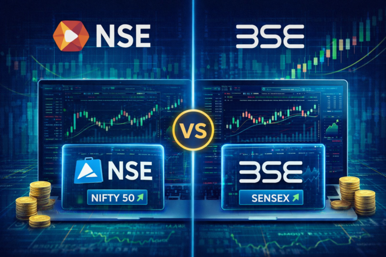 nse vs bse comparison showing indian stock exchanges with trading charts