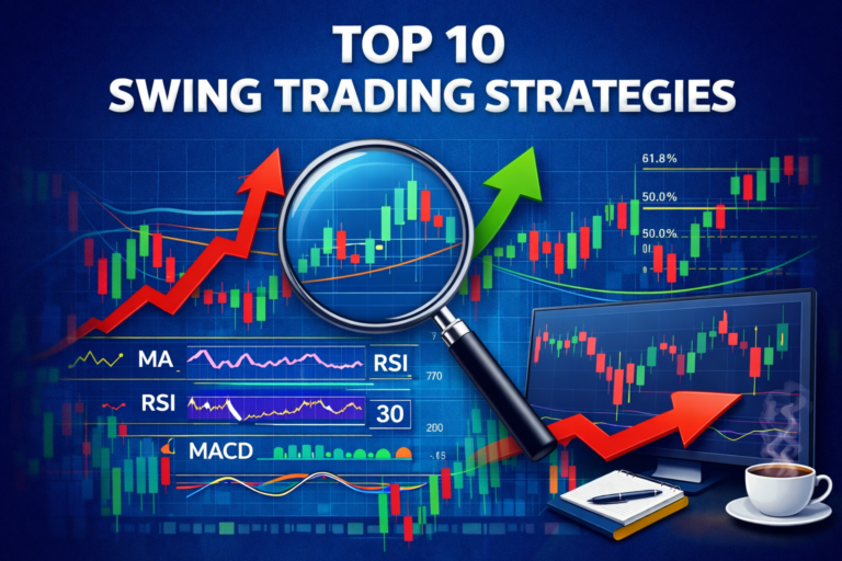 Top 10 swing trading strategies for beginners showing stock charts, RSI, MACD indicators and price trend analysis.