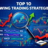 Top 10 swing trading strategies for beginners showing stock charts, RSI, MACD indicators and price trend analysis.