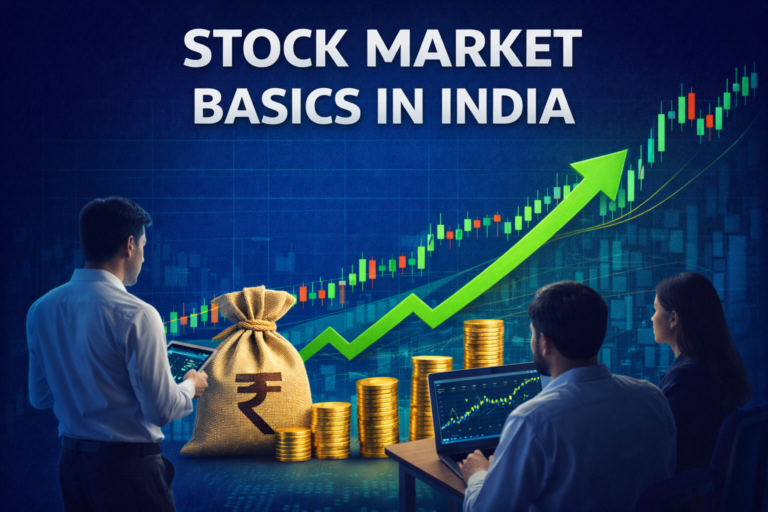 stock market basics in india showing trading charts and rupee investment growth