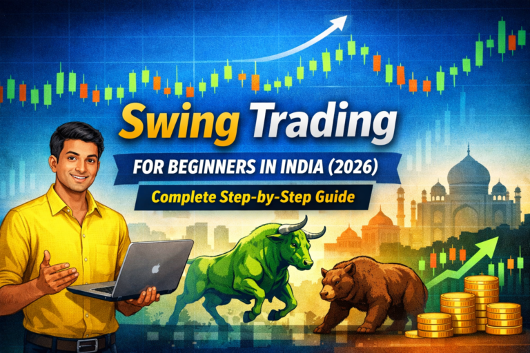 Swing trading for beginners in India 2026 with stock market chart, bull and bear, and upward trend illustration
