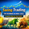 Swing trading for beginners in India 2026 with stock market chart, bull and bear, and upward trend illustration