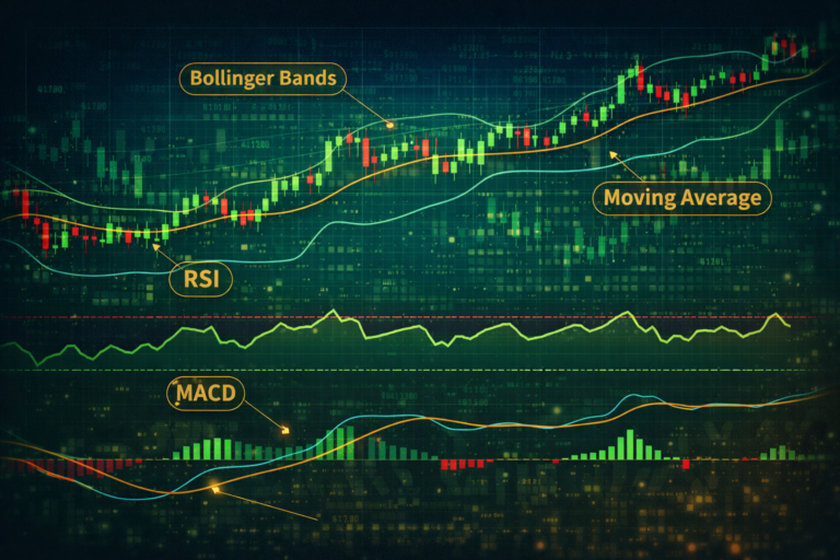 technical indicators for beginners showing RSI MACD Bollinger Bands and moving average on stock trading chart